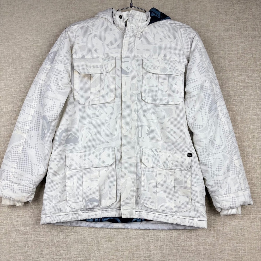 Quiksilver Y2K Logo Print Snowboard Jacket White Grey Hooded Boys XL Womens Sm